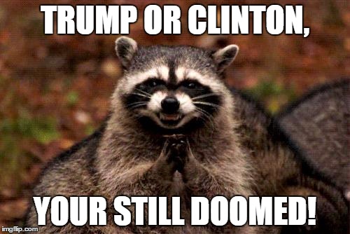 Evil Plotting Raccoon Meme | TRUMP OR CLINTON, YOUR STILL DOOMED! | image tagged in memes,evil plotting raccoon | made w/ Imgflip meme maker