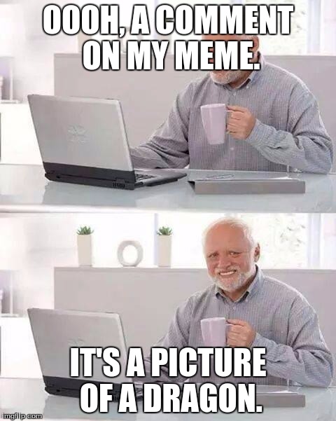 Hide the Pain Harold | OOOH, A COMMENT ON MY MEME. IT'S A PICTURE OF A DRAGON. | image tagged in memes,hide the pain harold | made w/ Imgflip meme maker