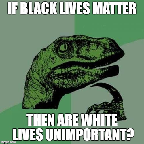 Philosoraptor | IF BLACK LIVES MATTER; THEN ARE WHITE LIVES UNIMPORTANT? | image tagged in memes,philosoraptor | made w/ Imgflip meme maker