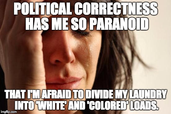 First World Problems | POLITICAL CORRECTNESS HAS ME SO PARANOID; THAT I'M AFRAID TO DIVIDE MY LAUNDRY INTO 'WHITE' AND 'COLORED' LOADS. | image tagged in memes,first world problems | made w/ Imgflip meme maker
