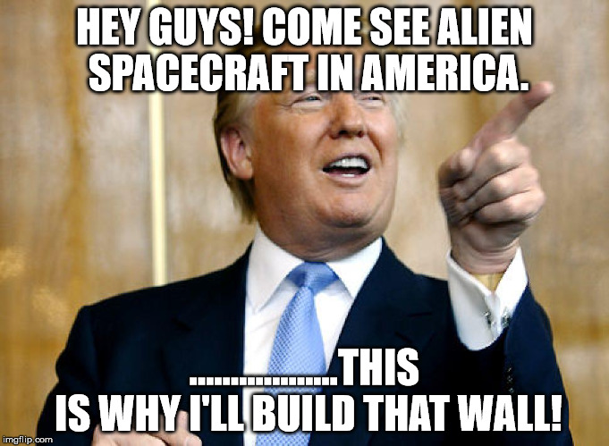 UFO's everywhere, I'll build that wall! If I don't build a wall how do we stop Area 51 aliens from visiting us? | HEY GUYS! COME SEE ALIEN SPACECRAFT IN AMERICA. ..................THIS IS WHY I'LL BUILD THAT WALL! | image tagged in donald trump pointing,aliens,funny,memes,front page,ufo | made w/ Imgflip meme maker