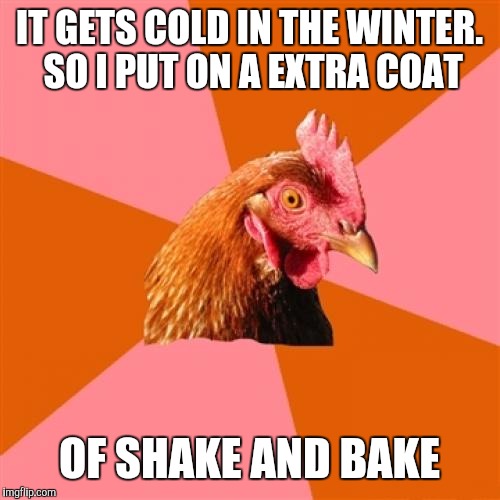 Anti joke chicken coat | IT GETS COLD IN THE WINTER. SO I PUT ON A EXTRA COAT; OF SHAKE AND BAKE | image tagged in memes,anti joke chicken,recipe,winter | made w/ Imgflip meme maker