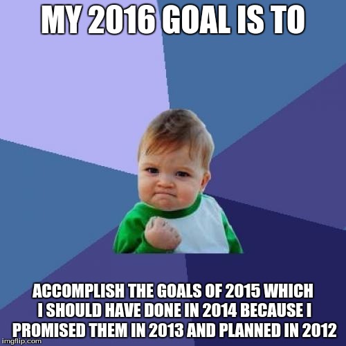 Success Kid Meme | MY 2016 GOAL IS TO; ACCOMPLISH THE GOALS OF 2015 WHICH I SHOULD HAVE DONE IN 2014 BECAUSE I PROMISED THEM IN 2013 AND PLANNED IN 2012 | image tagged in memes,success kid | made w/ Imgflip meme maker