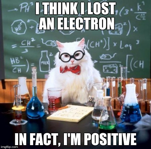 Chemistry Cat | I THINK I LOST AN ELECTRON; IN FACT, I'M POSITIVE | image tagged in memes,chemistry cat | made w/ Imgflip meme maker