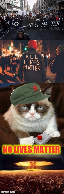 Grumpy just soloved every problem that the world has | NO LIVES MATTER | image tagged in memes,grumpy cat,black lives matter,all lives matter,atomic bomb,boom | made w/ Imgflip meme maker