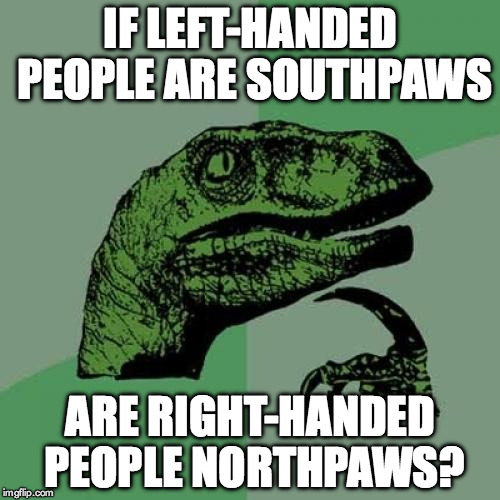 Philosoraptor | IF LEFT-HANDED PEOPLE ARE SOUTHPAWS; ARE RIGHT-HANDED PEOPLE NORTHPAWS? | image tagged in memes,philosoraptor | made w/ Imgflip meme maker