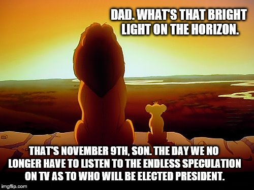 Lion King: Looking to see the light at the end of the road... | DAD. WHAT'S THAT BRIGHT LIGHT ON THE HORIZON. THAT'S NOVEMBER 9TH, SON. THE DAY WE NO LONGER HAVE TO LISTEN TO THE ENDLESS SPECULATION ON TV AS TO WHO WILL BE ELECTED PRESIDENT. | image tagged in memes,lion king,election 2016,presidential race,tv show,light | made w/ Imgflip meme maker
