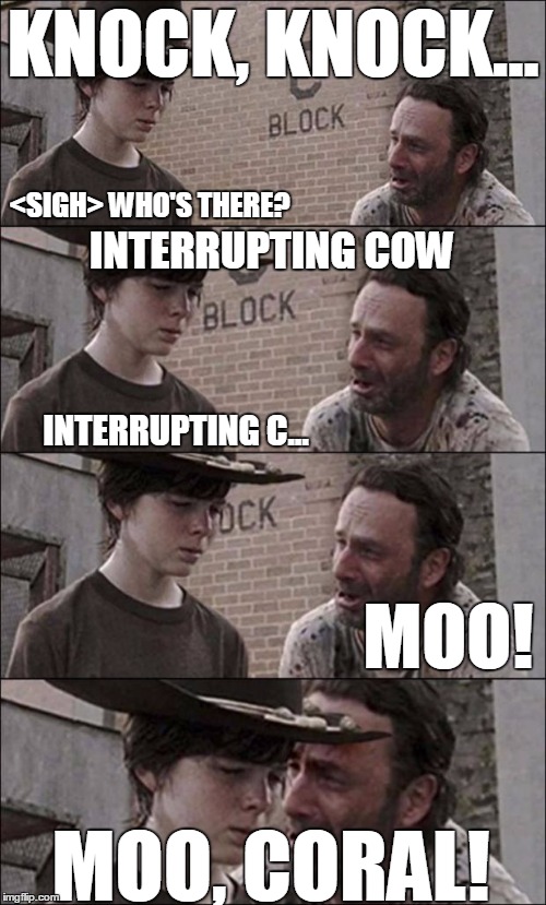 Knock, Knock, Coral! | KNOCK, KNOCK... <SIGH> WHO'S THERE? INTERRUPTING COW; INTERRUPTING C... MOO! MOO, CORAL! | image tagged in the walking dead coral | made w/ Imgflip meme maker