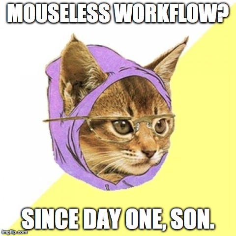 Hipster Kitty Meme | MOUSELESS WORKFLOW? SINCE DAY ONE, SON. | image tagged in memes,hipster kitty | made w/ Imgflip meme maker