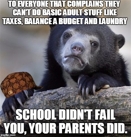 Confession Bear | TO EVERYONE THAT COMPLAINS THEY CAN'T DO BASIC ADULT STUFF LIKE TAXES, BALANCE A BUDGET AND LAUNDRY; SCHOOL DIDN'T FAIL YOU, YOUR PARENTS DID. | image tagged in memes,confession bear,scumbag,AdviceAnimals | made w/ Imgflip meme maker