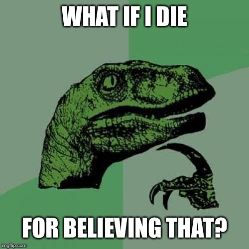 WHAT IF I DIE FOR BELIEVING THAT? | image tagged in memes,philosoraptor | made w/ Imgflip meme maker