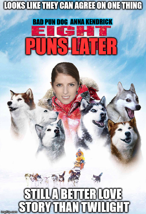 From the people that brought you "Saving Bad Luck Brian." In association with imgflip productions. | LOOKS LIKE THEY CAN AGREE ON ONE THING; BAD PUN DOG; ANNA KENDRICK; PUNS LATER; STILL A BETTER LOVE STORY THAN TWILIGHT | image tagged in memes,anna kendrick,bad pun dog | made w/ Imgflip meme maker