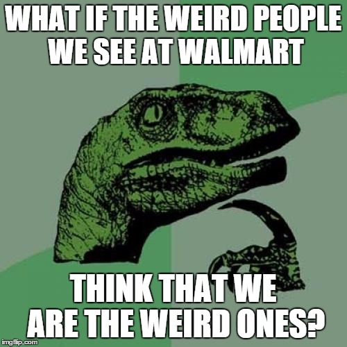 Philosoraptor Meme | WHAT IF THE WEIRD PEOPLE WE SEE AT WALMART THINK THAT WE ARE THE WEIRD ONES? | image tagged in memes,philosoraptor | made w/ Imgflip meme maker