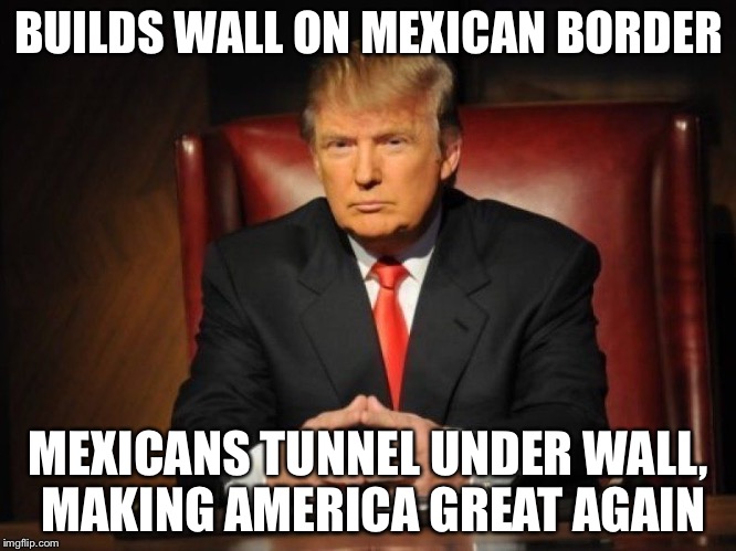 donald trump | BUILDS WALL ON MEXICAN BORDER; MEXICANS TUNNEL UNDER WALL, MAKING AMERICA GREAT AGAIN | image tagged in donald trump | made w/ Imgflip meme maker