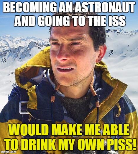The International Space Station Filters Urine To Clear Drinking Water, So It Gave Me This Idea | BECOMING AN ASTRONAUT AND GOING TO THE ISS; WOULD MAKE ME ABLE TO DRINK MY OWN PISS! | image tagged in memes,bear grylls,nasa,international space station,urine,water | made w/ Imgflip meme maker