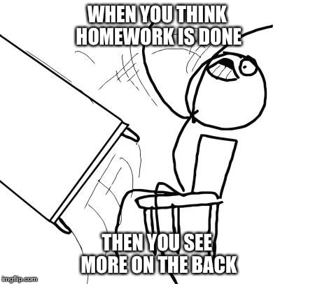 Table Flip Guy | WHEN YOU THINK HOMEWORK IS DONE; THEN YOU SEE MORE ON THE BACK | image tagged in memes,table flip guy | made w/ Imgflip meme maker