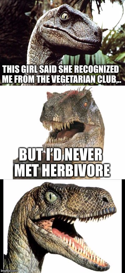 Bad Pun Velociraptor | THIS GIRL SAID SHE RECOGNIZED ME FROM THE VEGETARIAN CLUB,.. BUT I’D NEVER MET HERBIVORE | image tagged in bad pun velociraptor,memes | made w/ Imgflip meme maker