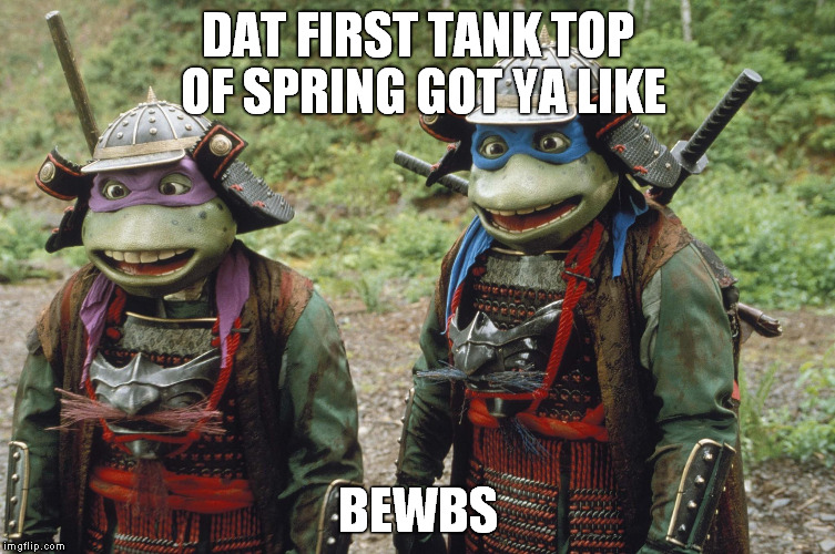 Ninja Turtles Love Boobs Too! | DAT FIRST TANK TOP OF SPRING GOT YA LIKE; BEWBS | image tagged in teenage mutant ninja turtles,boobs,tmnt,samurai,spring,tanks | made w/ Imgflip meme maker