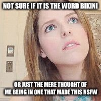 Anna Kendrick Conspiracy | NOT SURE IF IT IS THE WORD BIKINI OR JUST THE MERE THOUGHT OF ME BEING IN ONE THAT MADE THIS NSFW | image tagged in anna kendrick conspiracy | made w/ Imgflip meme maker