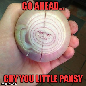 Keep mocking me onion and I'll cut your face off. | GO AHEAD... CRY YOU LITTLE PANSY | image tagged in onion face,memes,funny food,funny,food,face your tears | made w/ Imgflip meme maker
