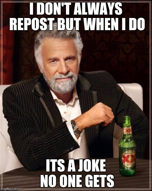 I DON'T ALWAYS REPOST BUT WHEN I DO ITS A JOKE NO ONE GETS | image tagged in memes,the most interesting man in the world | made w/ Imgflip meme maker
