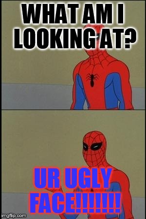 spiderman humor | WHAT AM I LOOKING AT? UR UGLY FACE!!!!!!! | image tagged in spiderman humor | made w/ Imgflip meme maker