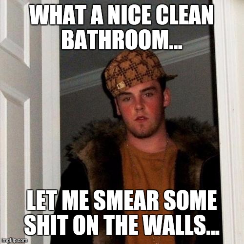 Scumbag Steve Meme | WHAT A NICE CLEAN BATHROOM... LET ME SMEAR SOME SHIT ON THE WALLS... | image tagged in memes,scumbag steve | made w/ Imgflip meme maker