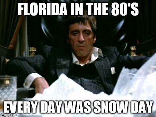 Tony Montana | FLORIDA IN THE 80'S; EVERY DAY WAS SNOW DAY | image tagged in tony montana | made w/ Imgflip meme maker