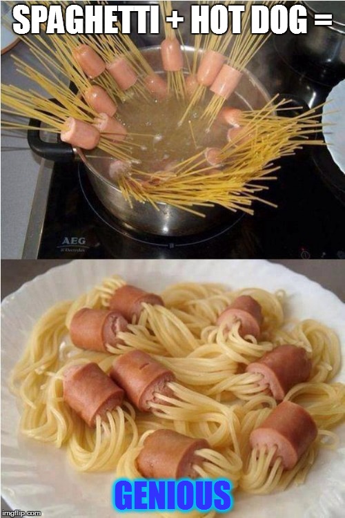 How to Cooking 101 | SPAGHETTI + HOT DOG =; GENIOUS | image tagged in spaghetti hot dog,memes,spaghetti,hot dog | made w/ Imgflip meme maker