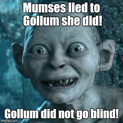 Gollum | Mumses lied to Gollum she did! Gollum did not go blind! | image tagged in memes,gollum | made w/ Imgflip meme maker