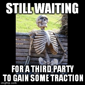 STILL WAITING; FOR A THIRD PARTY TO GAIN SOME TRACTION | image tagged in still waiting,politics,libertarian,libertarianism,political | made w/ Imgflip meme maker