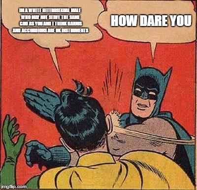 Batman Slapping Robin Meme | IM A WHITE HETEROSEXUAL MALE WHO MAY NOT SERVE THE SAME GOD AS YOU AND I THINK BANJOS AND ACCORDIONS ARE OK INSTRUMENTS HOW DARE YOU | image tagged in memes,batman slapping robin | made w/ Imgflip meme maker