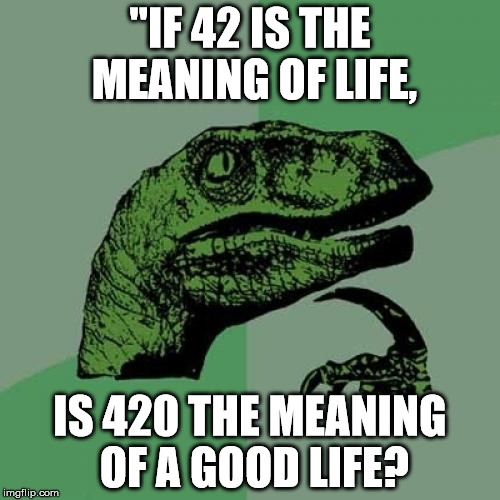 Philosoraptor Meme | "IF 42 IS THE MEANING OF LIFE, IS 420 THE MEANING OF A GOOD LIFE? | image tagged in memes,philosoraptor | made w/ Imgflip meme maker