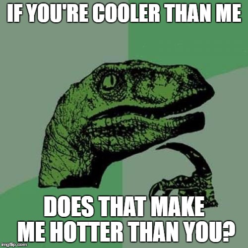 This is what I'll say when someone says they are cooler than me. | IF YOU'RE COOLER THAN ME; DOES THAT MAKE ME HOTTER THAN YOU? | image tagged in memes,philosoraptor | made w/ Imgflip meme maker