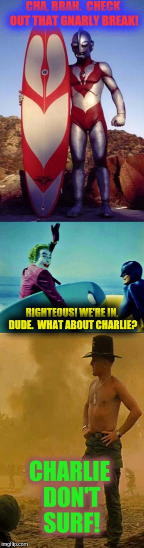 Charles is a total loser, my dudes! | CHA, BRAH.  CHECK OUT THAT GNARLY BREAK! RIGHTEOUS! WE'RE IN, DUDE.  WHAT ABOUT CHARLIE? CHARLIE DON'T SURF! | image tagged in charlie don't surf,surfing,batman,joker,funny meme | made w/ Imgflip meme maker