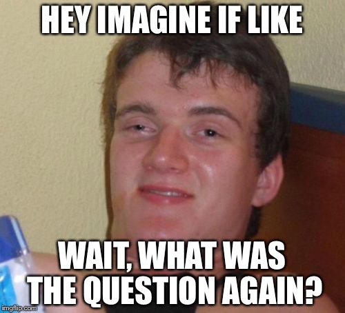 Forgetful stoner dude | HEY IMAGINE IF LIKE; WAIT, WHAT WAS THE QUESTION AGAIN? | image tagged in memes,10 guy,stoner | made w/ Imgflip meme maker