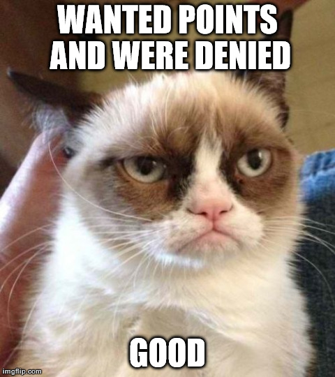 Grumpy Cat Reverse Meme | WANTED POINTS AND WERE DENIED GOOD | image tagged in memes,grumpy cat | made w/ Imgflip meme maker