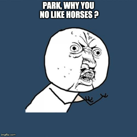 Y U No Meme | PARK, WHY YOU NO LIKE HORSES ? | image tagged in memes,y u no | made w/ Imgflip meme maker