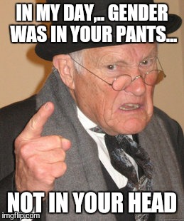 Back In My Day Meme | IN MY DAY,.. GENDER WAS IN YOUR PANTS... NOT IN YOUR HEAD | image tagged in memes,back in my day | made w/ Imgflip meme maker