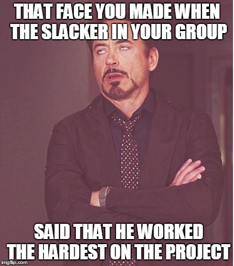 Face You Make Robert Downey Jr Meme | THAT FACE YOU MADE WHEN THE SLACKER IN YOUR GROUP; SAID THAT HE WORKED THE HARDEST ON THE PROJECT | image tagged in memes,face you make robert downey jr | made w/ Imgflip meme maker