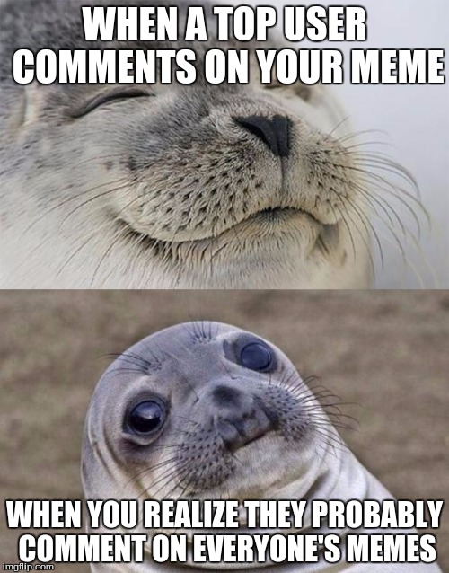 Short Satisfaction VS Truth | WHEN A TOP USER COMMENTS ON YOUR MEME; WHEN YOU REALIZE THEY PROBABLY COMMENT ON EVERYONE'S MEMES | image tagged in memes,short satisfaction vs truth | made w/ Imgflip meme maker