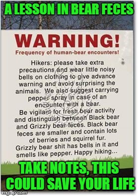 Happy Trails To You.... | A LESSON IN BEAR FECES; TAKE NOTES, THIS COULD SAVE YOUR LIFE | image tagged in bears,memes,lol,funny signs | made w/ Imgflip meme maker