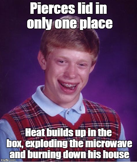 Bad Luck Brian Meme | Pierces lid in only one place Heat builds up in the box, exploding the microwave and burning down his house | image tagged in memes,bad luck brian | made w/ Imgflip meme maker