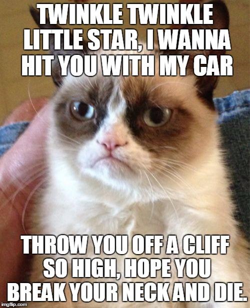 Grumpy Cat | TWINKLE TWINKLE LITTLE STAR, I WANNA HIT YOU WITH MY CAR; THROW YOU OFF A CLIFF SO HIGH, HOPE YOU BREAK YOUR NECK AND DIE. | image tagged in memes,grumpy cat | made w/ Imgflip meme maker