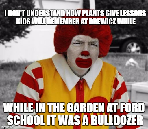 HYPOCRISY IN FULL BLOOM! | I DON'T UNDERSTAND HOW PLANTS GIVE LESSONS KIDS WILL REMEMBER AT DREWICZ WHILE; WHILE IN THE GARDEN AT FORD SCHOOL IT WAS A BULLDOZER | image tagged in ronald mcdonald trump,garden,bulldozer | made w/ Imgflip meme maker