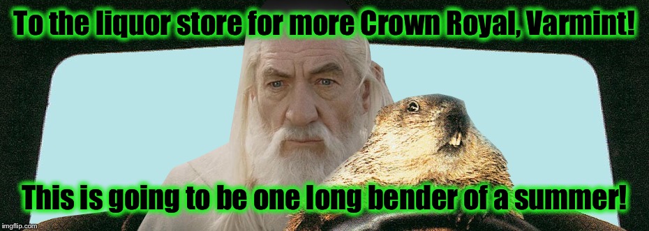 Gandalf Groundhog  | To the liquor store for more Crown Royal, Varmint! This is going to be one long bender of a summer! | image tagged in gandalf groundhog | made w/ Imgflip meme maker