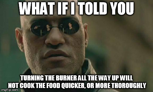 Matrix Morpheus Meme | WHAT IF I TOLD YOU; TURNING THE BURNER ALL THE WAY UP WILL NOT COOK THE FOOD QUICKER, OR MORE THOROUGHLY | image tagged in memes,matrix morpheus | made w/ Imgflip meme maker