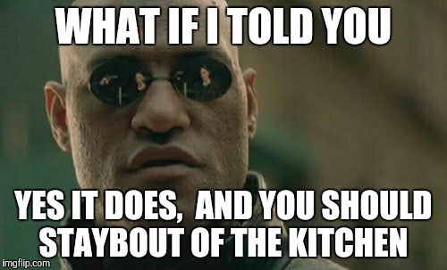 Matrix Morpheus Meme | WHAT IF I TOLD YOU YES IT DOES,  AND YOU SHOULD STAYBOUT OF THE KITCHEN | image tagged in memes,matrix morpheus | made w/ Imgflip meme maker