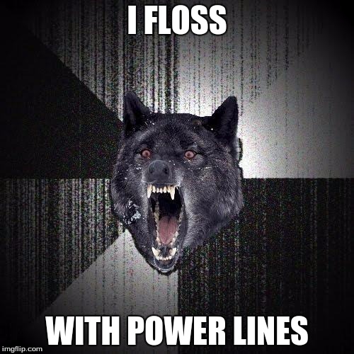 Insanity Wolf | I FLOSS; WITH POWER LINES | image tagged in memes,insanity wolf | made w/ Imgflip meme maker