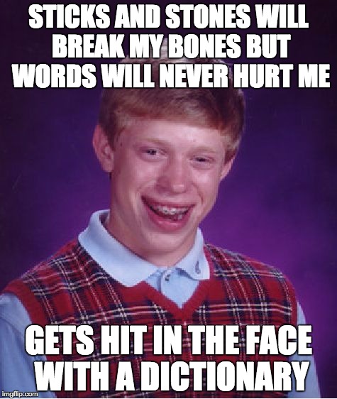 Bad Luck Brian | STICKS AND STONES WILL BREAK MY BONES BUT WORDS WILL NEVER HURT ME; GETS HIT IN THE FACE WITH A DICTIONARY | image tagged in memes,bad luck brian | made w/ Imgflip meme maker